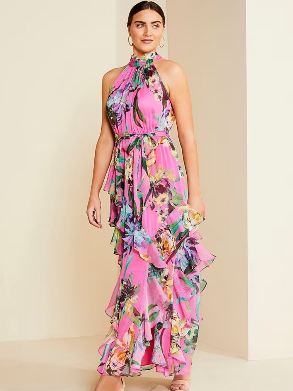 Alex Marie Pink Floral Halter Ruffle Maxi Dress